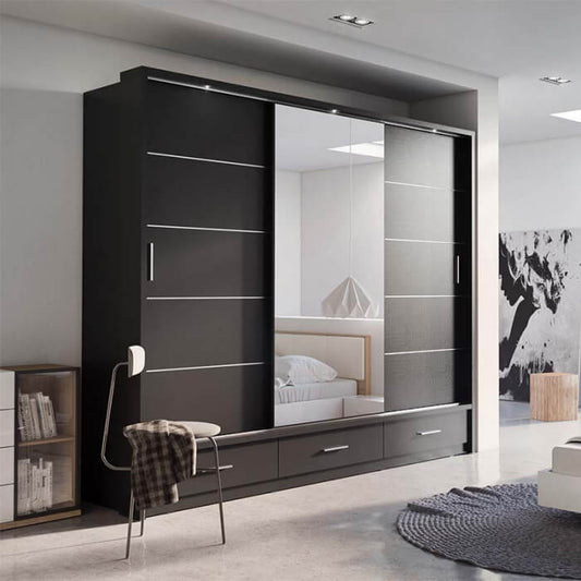 Stylish Black 3-Door Wardrobe with Mirror