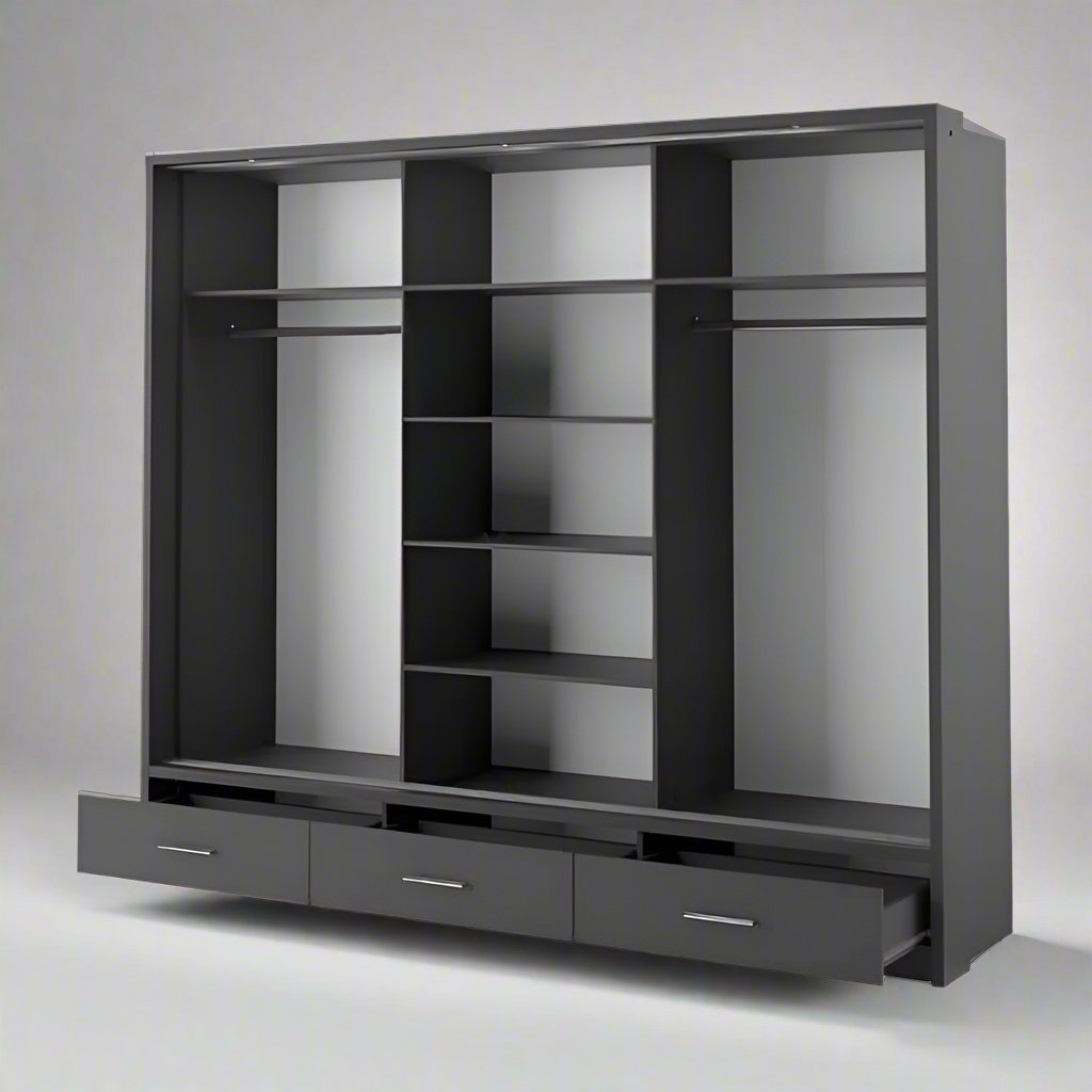 Stylish Black 3-Door Wardrobe with Mirror